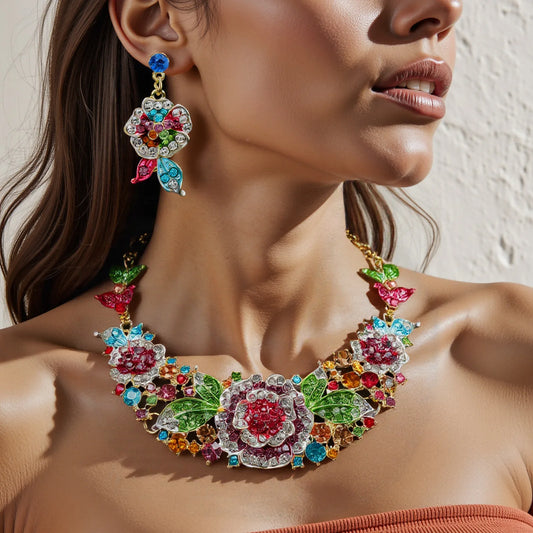 Exaggerated Rose Crystal Necklace & Earrings Set | Bridal Dinner Occasion Jewellery | Red, Blue & Coloured