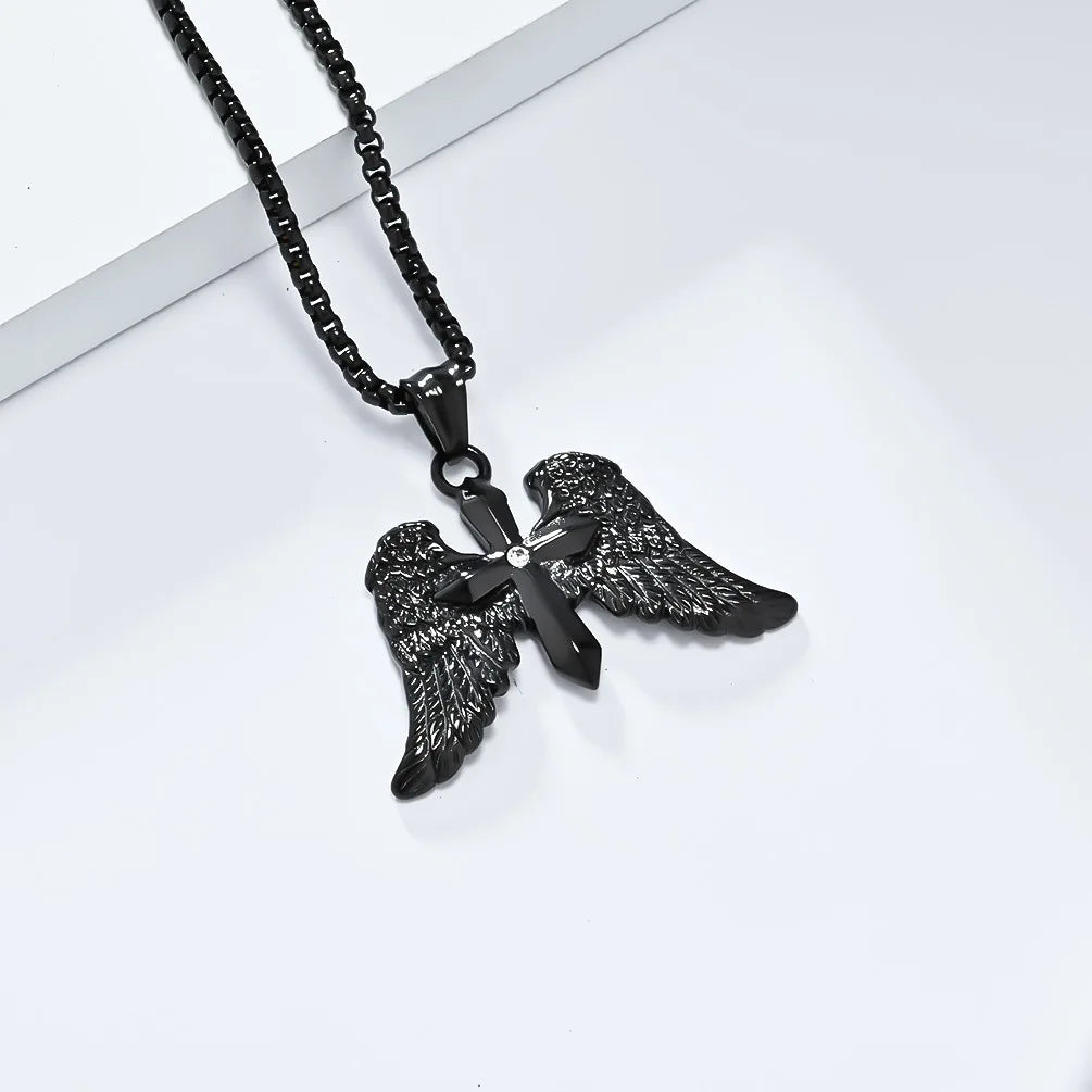 S&S Novirassine Black Gun Plated Stainless Steel Angel Wing Cross Pendant Necklace Vintage Link Hypoallergenic Unisex Party Jewelry