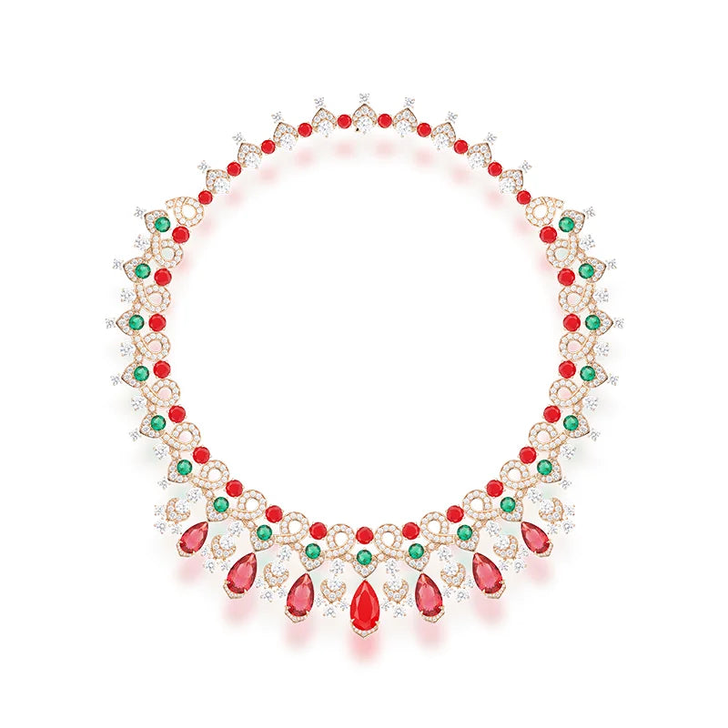 Luxury Palace Style Red and Green Gemstone Jewelry Set Rose Gold Necklace Earrings for Wholesale Bride Dinner Dress Accessories