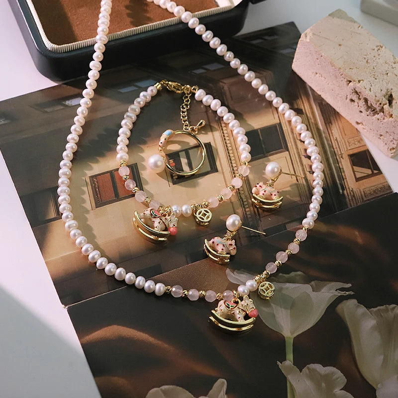 Natural Freshwater Pearl Pink Rocking Horse Jewelry Set for Women Birthday Gift Necklace Bracelet Earrings Ring Dainty Jewelry