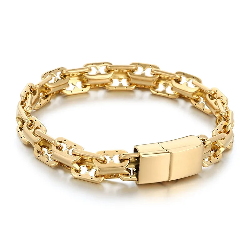 REBEL FASHIONISTA VEROMCA Pig-Nose Double-Row Stainless Steel Punk Wedding Bangle Bracelet with Hollow Magnetic Clasp