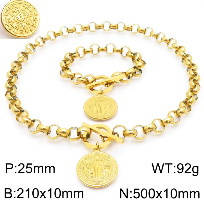 Kalen European and American Portrait Round Pendant Round Bead Chain OT Clasp Hiphop Necklace Stainless Steel Jewelry Set