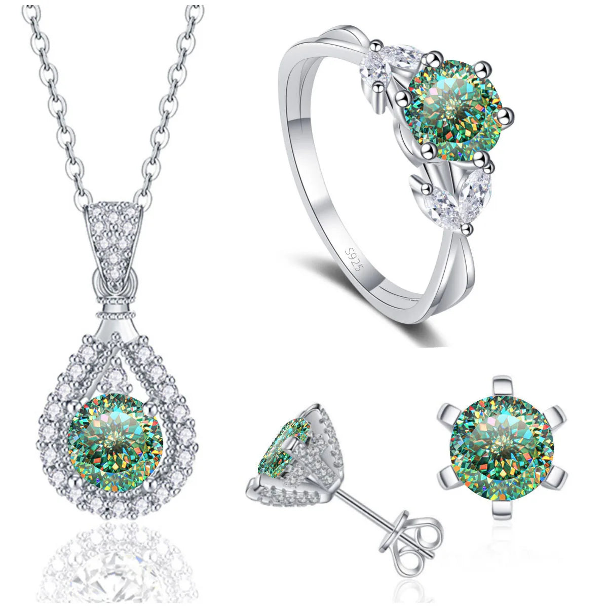 REDheart Fine 925 Sterling Silver Women's Wedding Bridal Jewellery Set Round Cut VVS Colored Moissanite Rings Necklace and Earrings Set