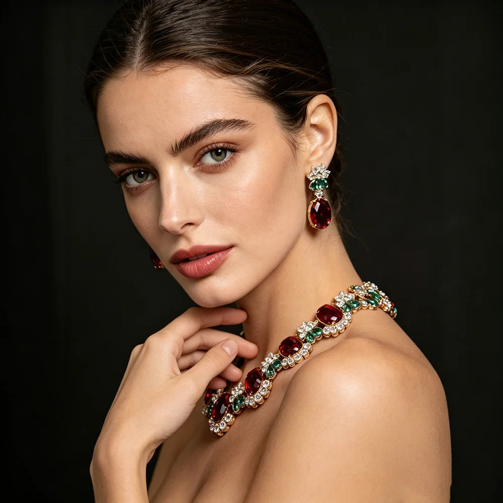 XM S313 Oval Cut Zircon Floral Statement Necklace & Earrings Set
