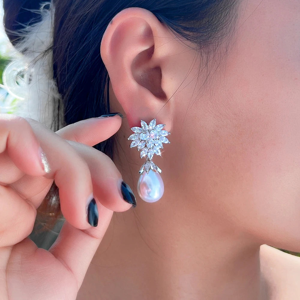 S&S White Marquise CZ Geometric Dangle Drop Earrings – Silver Plated – Collection