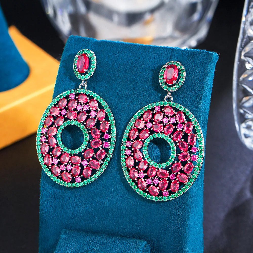 S&S Red & Green Oval CZ Big Dangle Drop Earrings – Black Gun Plated – Collection