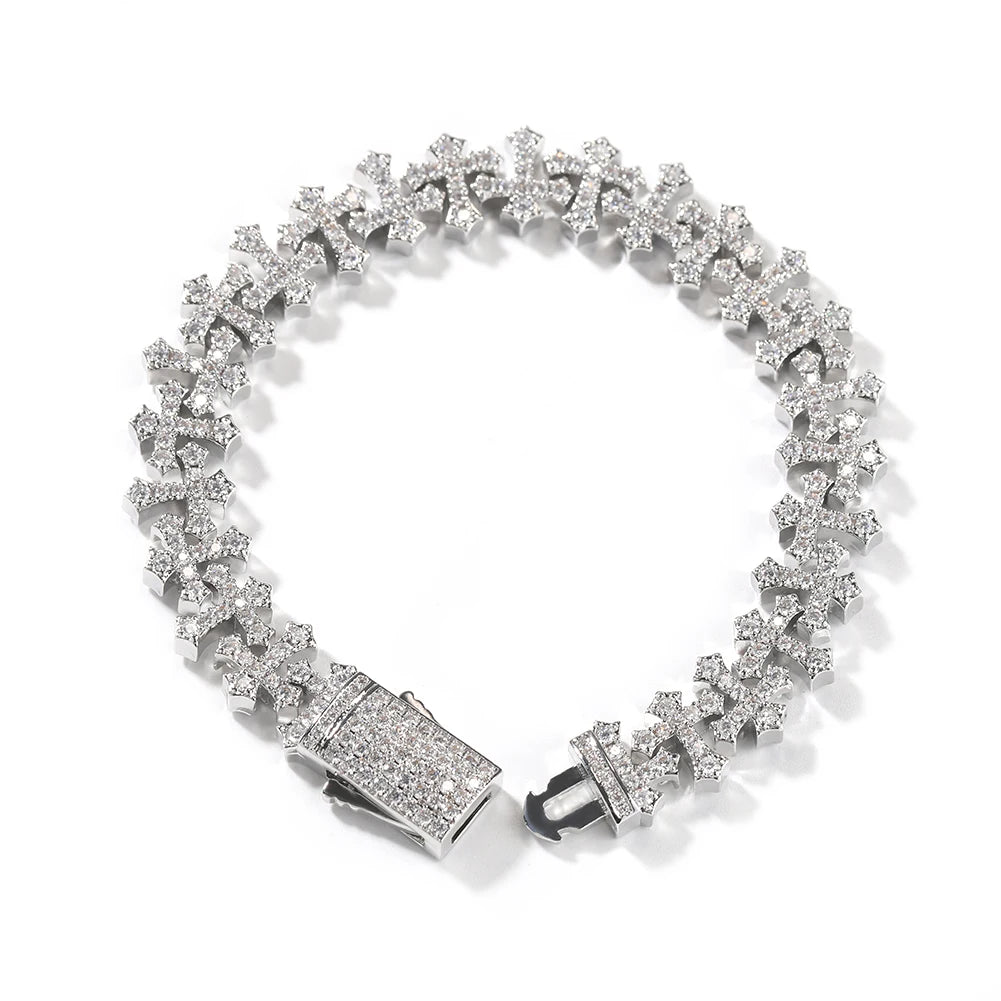 Iced Out Hip Hop Copper Full CZ Micro Paved Cross Chain Bracelet 11.5mm Cross Bracelet for Men Women Men Daily Wear