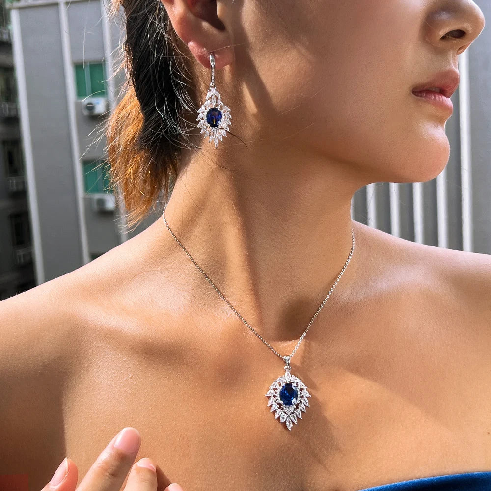 Fashion Royal Blue Cubic Zircon Elegant Necklace and Earrings Bridal Wedding Party Pendant Jewelry Set for Women Jewellery