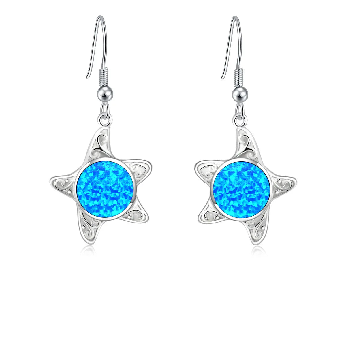 Hawaiian Starfish Star Pendant Earrings Brass Silver Plated Sparkling Blue Opal Bohemian Beach Women's Anniversary TikTok Hot
