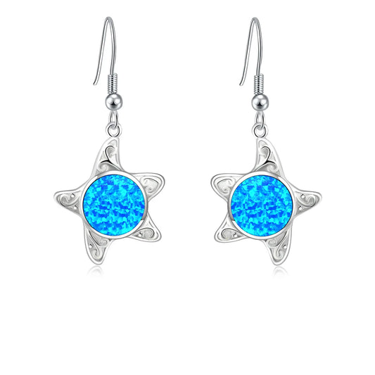Hawaiian Starfish Star Pendant Earrings Brass Silver Plated Sparkling Blue Opal Bohemian Beach Women's Anniversary TikTok Hot
