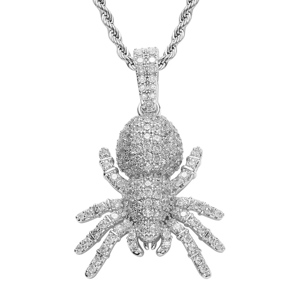 BES Animal Spider Pendant Necklace Hip Hop Iced Out Spider Cubic Zirconia Pendants Silver Color Plated Hip Hop Jewelry