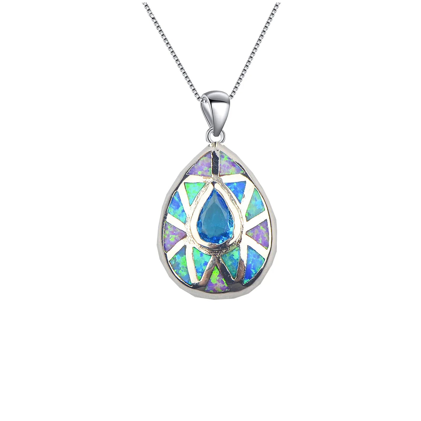 Aobao Christian Copper Link Chain Silver Plated Water Drop Necklace Colorful Patchwork Heart Pendant Inlaid Opal Wholesale