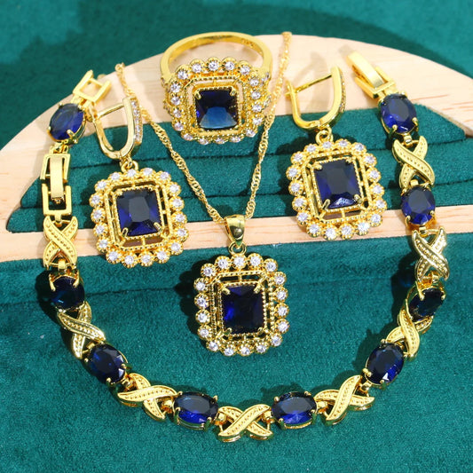 Women's Gold Color Jewelry Set Blue Zircon Wedding Bracelet Earrings Necklace Pendant Ring for Parties Engagements Birthday Gift