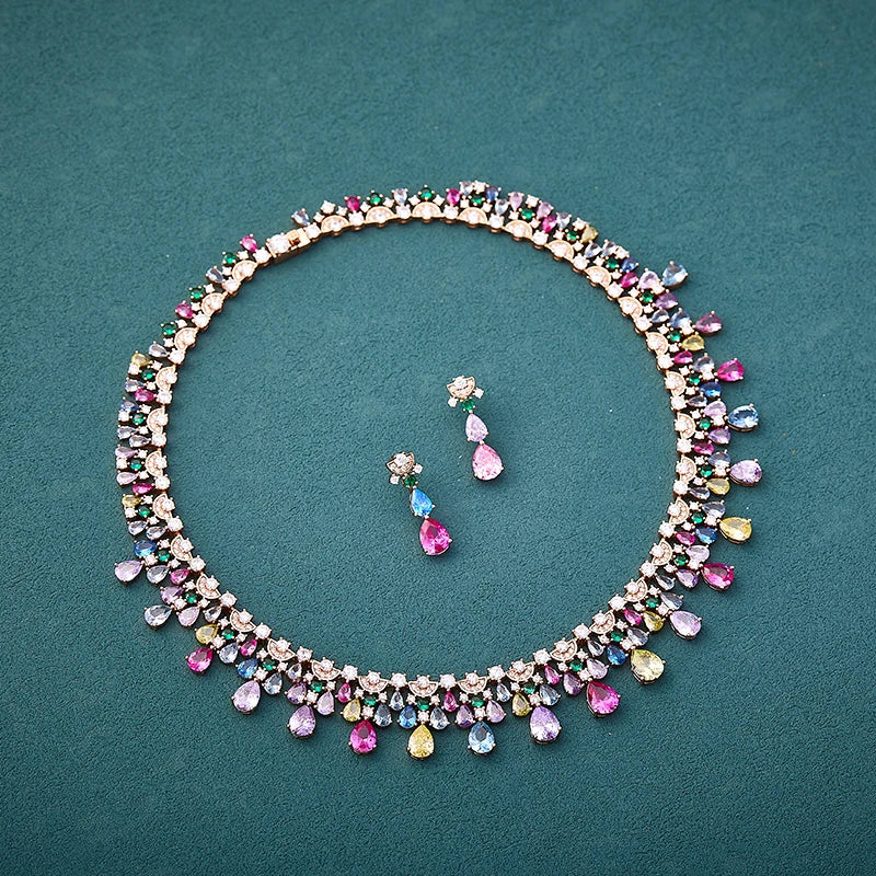 Retro Luxury Women's Fashionable rainbow Jewelry Necklace Earring Set Brass Cubic Zirconia Luxury Dinner Pairing