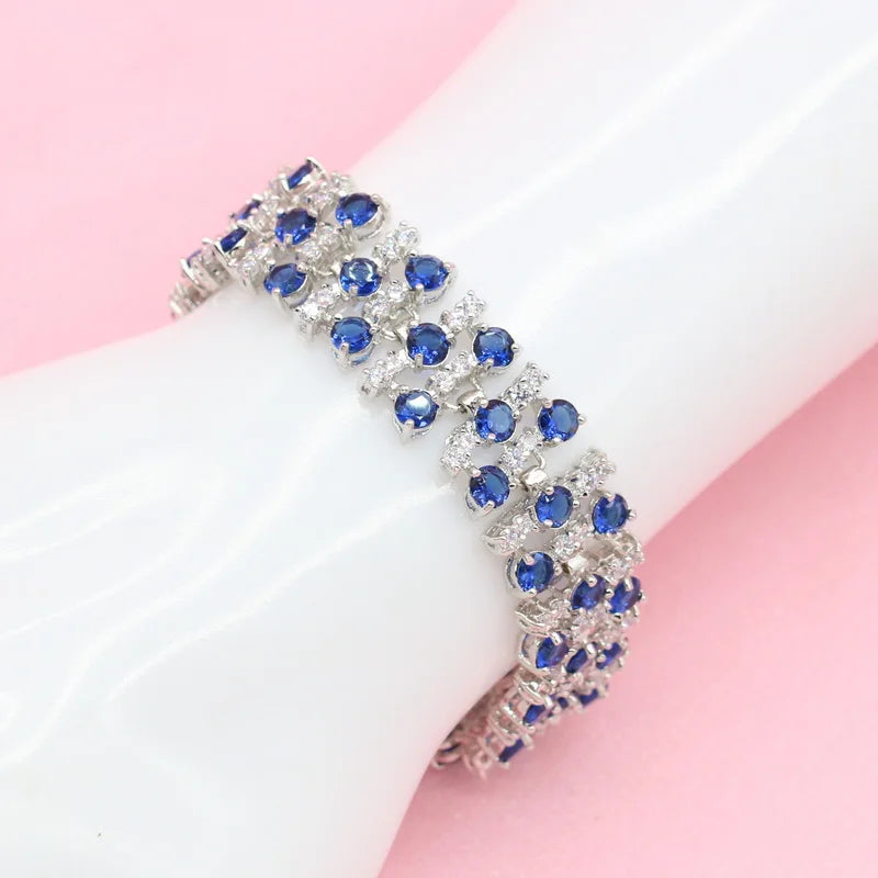 XOTICA New Design Royal Blue Zircon Stone Necklace Set Silver Color Wedding Jewelry Earrings Ring Bracelet Gift Box for Party Occasions