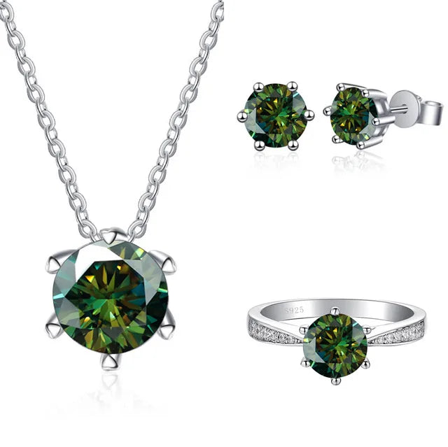 Fashionable Moissanite Jewelry Color Three-piece Set, Necklace, Ring, Forehead Earrings, 925 Silver