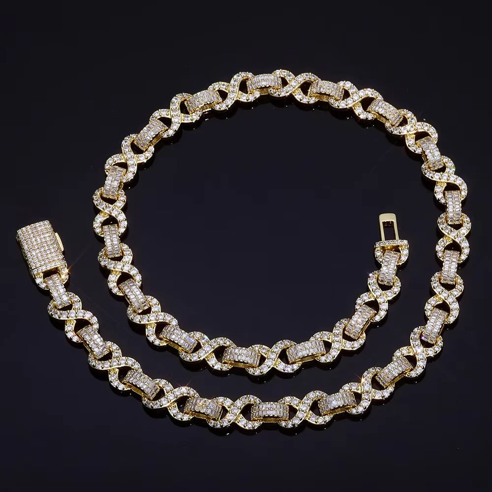REBEL HY Trendy 10mm Geometric Square CZ Infinite Loop Hiphop Bling Bling Necklace Bracelet Set Gold Finish Fashion Sliver Cuban