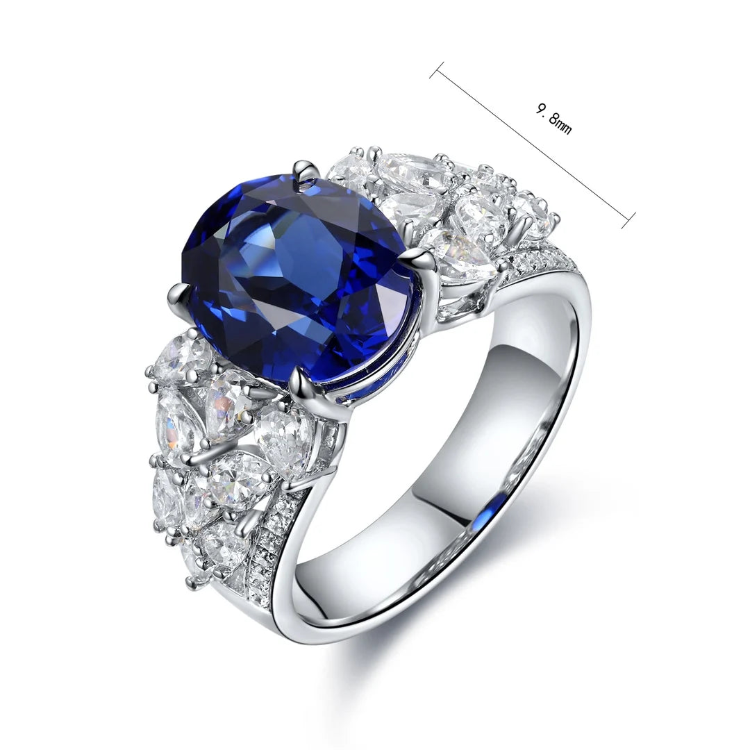 Gemfiori Custom 925 Sterling Silver 5CT Rhodium Plating Oval Diamond Prong Setting Lab Grown Sapphire Classic Wedding Engagement Ring for