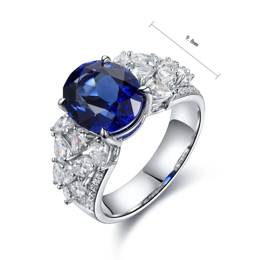 Gemfiori Custom 925 Sterling Silver 5CT Rhodium Plating Oval Diamond Prong Setting Lab Grown Sapphire Classic Wedding Engagement Ring for