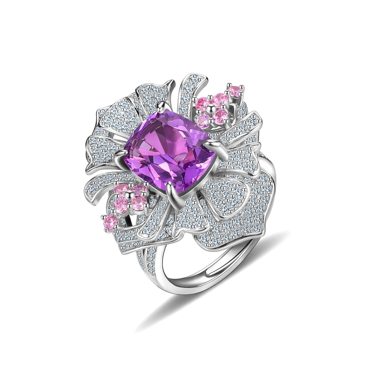 ArtistA Abiding Retro Light Luxury Flower Natural Stone 925 Silver Big Cushion Cut 9X11MM Flower Shape Cz Cocktail Dinner Party Rings