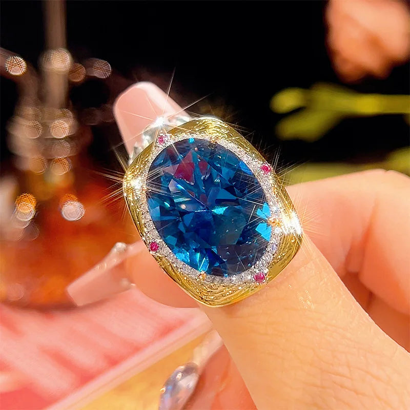 Gemfiori New Hot Selling Royal Noble Blue Egg Shaped Zircon Pendant Earrings and Rings Set for Dinner and Party Accessories