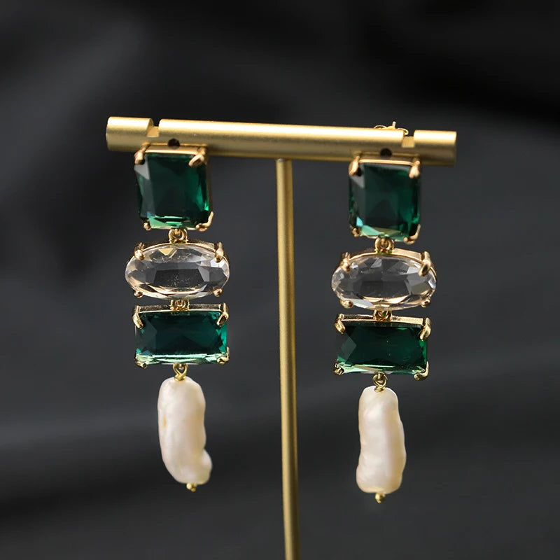 Long Natural Baroque Pearl Emerald Crystal Drop Earrings for Wife Girlfriend Birthday Gifts Fashion Designer Luxury Jewelry