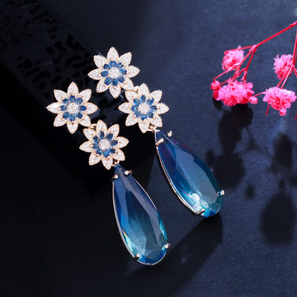 Beautiful Dangly Flower Blue Cubic Zirconia Crystal Long Big Water Drop Earrings for Women Wedding Bridal Gift Jewelry