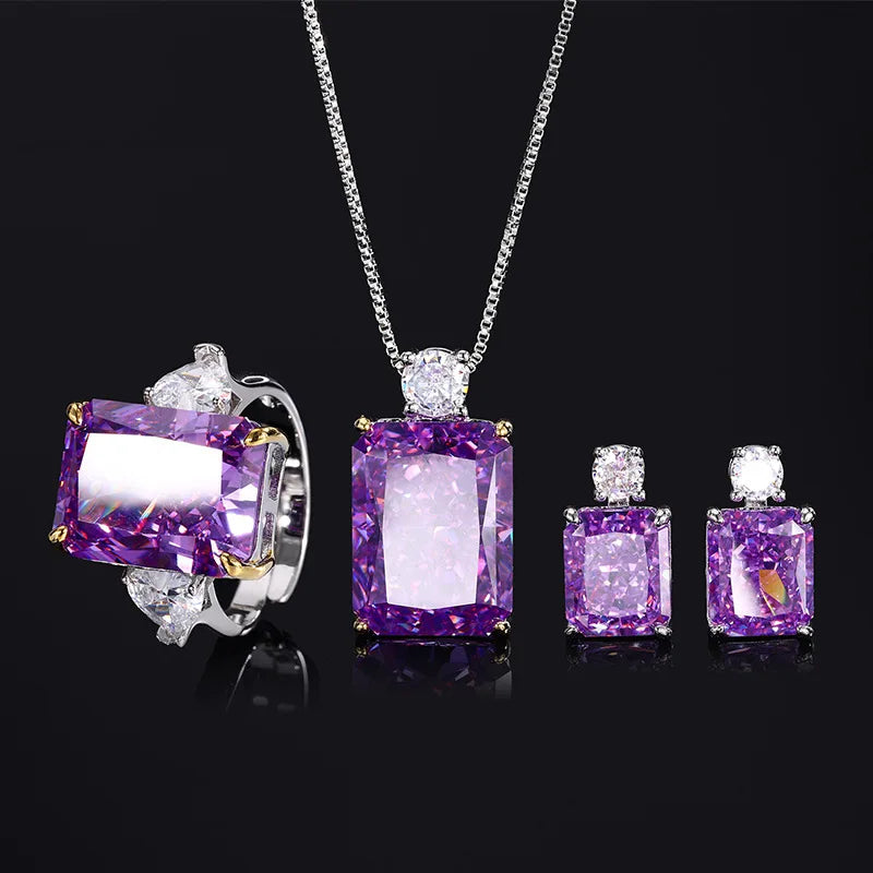 Gemfiori High Class Exquisite Purple Pendant Perfume Bottle Earrings Fashion Ring Temperament Jewelry Set