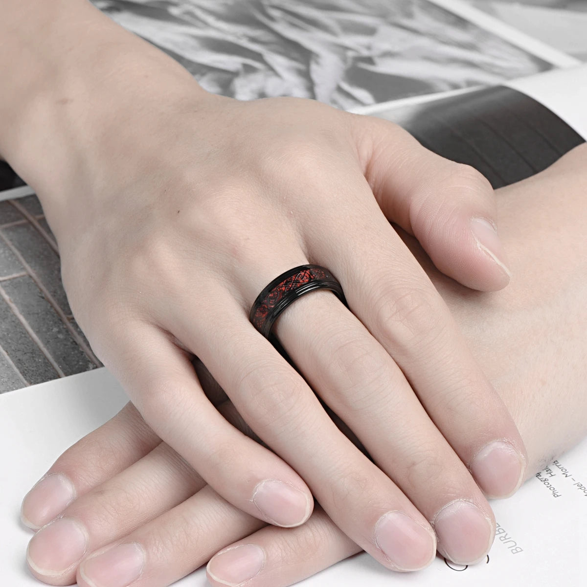 REBEL 8mm plated black step edge inlaid red fiber black dragon pattern men's tungsten steel steel ring jewelry