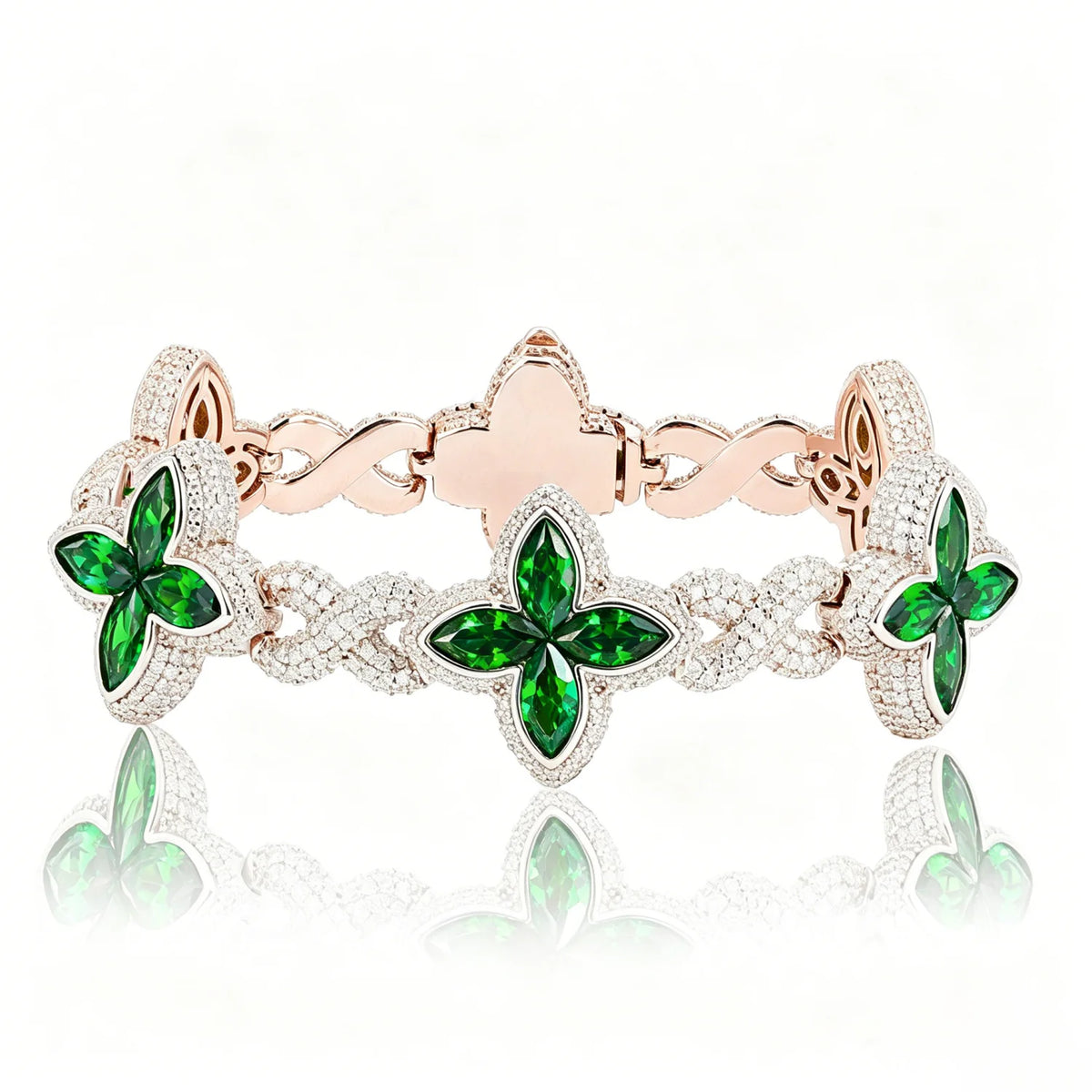 S&S Iced Out Hip Hop Jewelry 21mm Diamond Flower Chain Gold Plated Four Leaf Clover Bracelet CZ Fashion Gift for Anniversary Party