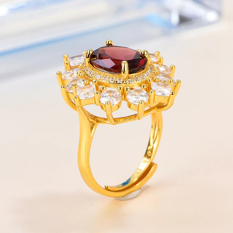 Gioiellieri High-End Elegant Open Ring for Women Classic Style Oval Cut Natural Garnet 925 Silver Gold Plated Gemstone Rings Prong Setting