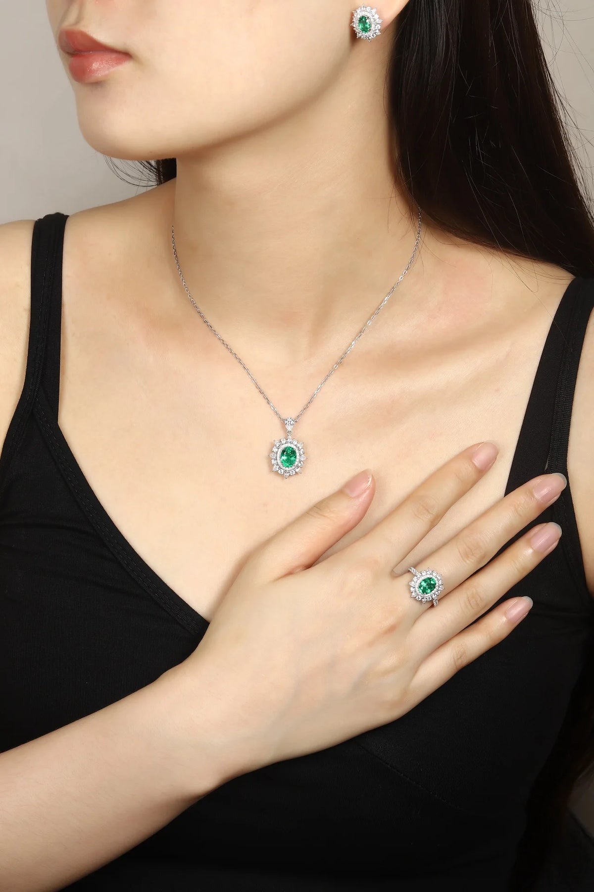 Gemfiori Zhanhao Jewelry S925 Silver Lab Grown Emerald Vintage Custom Engagement Gift Ring Necklace Earrings Ladies' Bridal Jewelry