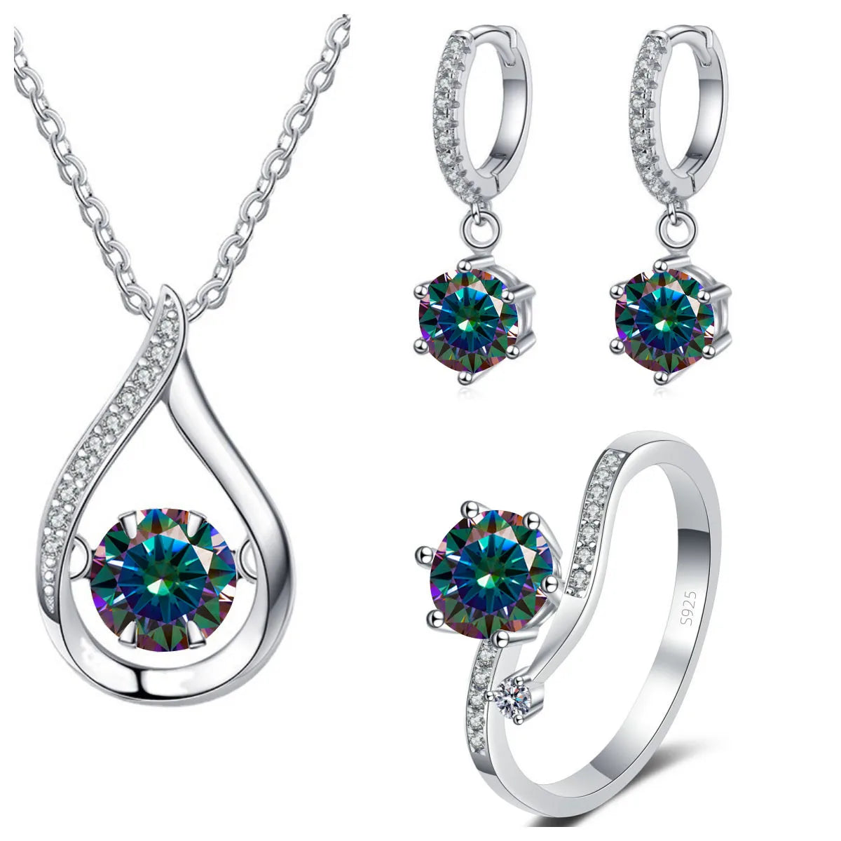 ArtistA SPECIAL001Simple and Elegant Round Cut 1CT VVS GRA Multi Colored Moissanite Jewelry Set 925 Silver Water Drop Necklace Earrings Ring Set