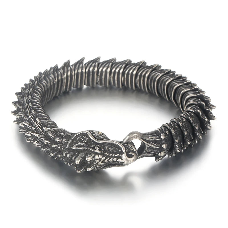 REBEL 220mm Men Punk Stainless Steel Links Bracelet With Vivid Dragon Head Clasp