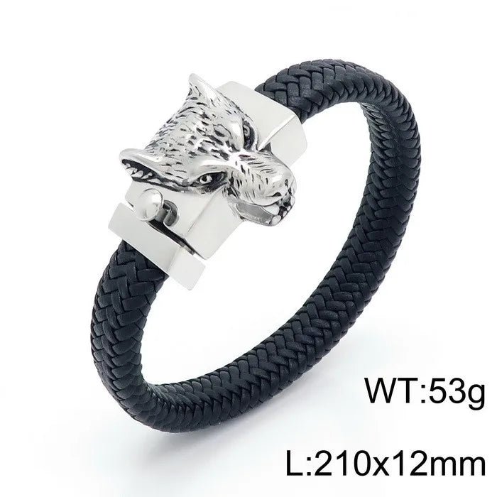 KALEN Men Punk Fashion Bracelets Fine Stainless Steel Leather Wolf Skull Bracelet Bangles