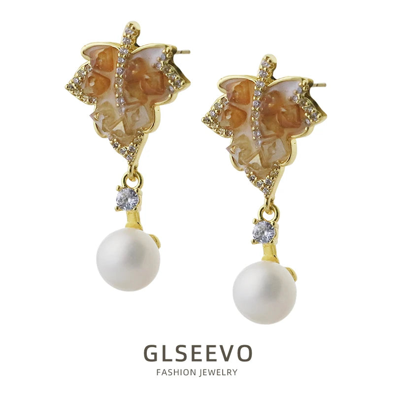Natural Freshwater Pearl Leaf-Shaped Zircon Crystals Pendant Earrings Fashion New Design Earrings for Women'S Jewellery GE1751