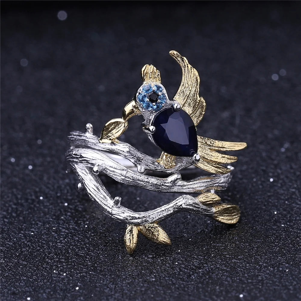 ArtistA Custom Designer S925 Jewelry Natural Gemstone Diffusion Sapphire 925 Sterling Silver Bird Tree Branch Ring