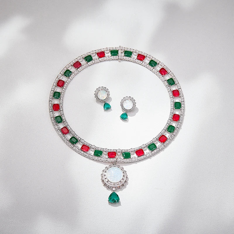 Exquisite and Gorgeous Bridal Wedding 3-Piece Set Unique Opal Zircon Necklace Earrings Bracelet As Large Exhibition Accessories