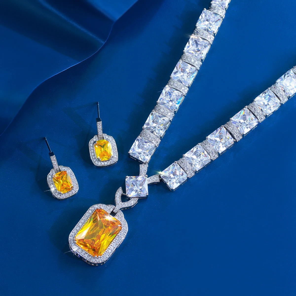 Supper Gorgeous Classy Big Square Yellow Cubic Zircon Arabic Bridal Luxury Party Wedding Jewelry Sets for Women