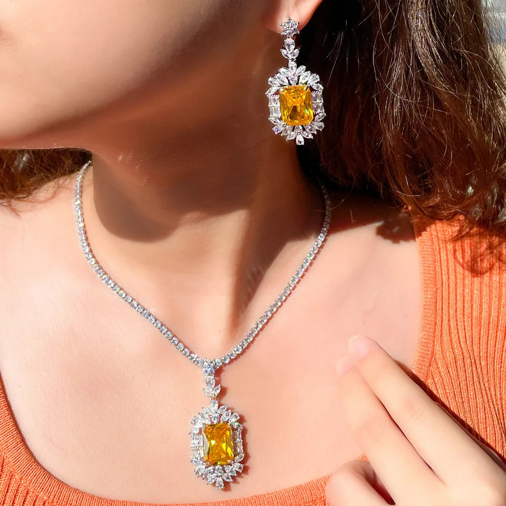 Women Quality Big Chic Yellow Cubic Zirconia Stone Wedding Tennis Necklace and Drop Earrings for Bridal Jewelry Set Accessories
