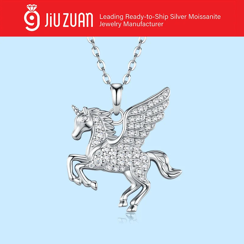 Romantic Full Pave Winged Unicorn S925 Silver VVS Round Brilliant Cut All Encrusted Dainty GRA Certified Moissanite Necklace