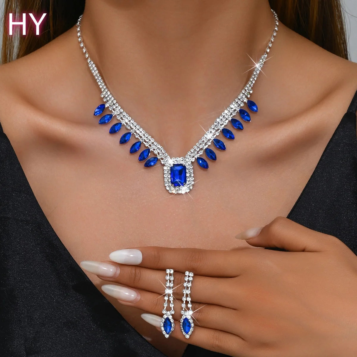 HY  Dinner Dress Crystal Rhinestone Jewelry Set Black Royal Blue Crystal Gemstone Drop Earrings Necklace Set for Women