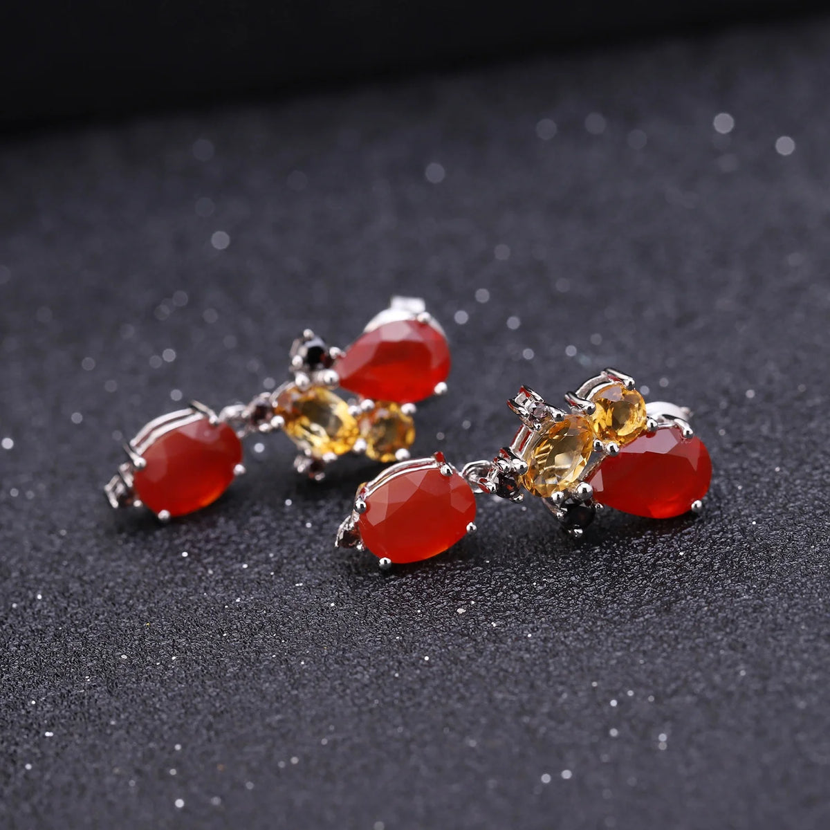 ArtistA C7645 Abiding Vintage Fine Jewelry Natural Stone Red Agate Citrine Smoky Cz Gemstone 925 Sterling Silver Drop Earrings