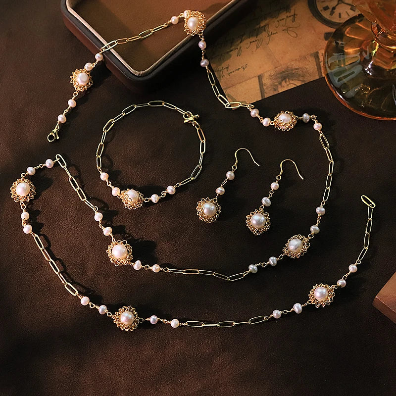 Natural Freshwater Pearl Flower Three-piece Set Luxurious Design Earrings Necklace Bracelet Gift Wedding Banquet GS0217
