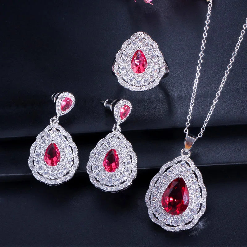3 Layers Cubic Zircon Paved Purple Big Water Drop Silver Color Women Wedding Engagement Jewelry Set of Earrings Necklace Ring