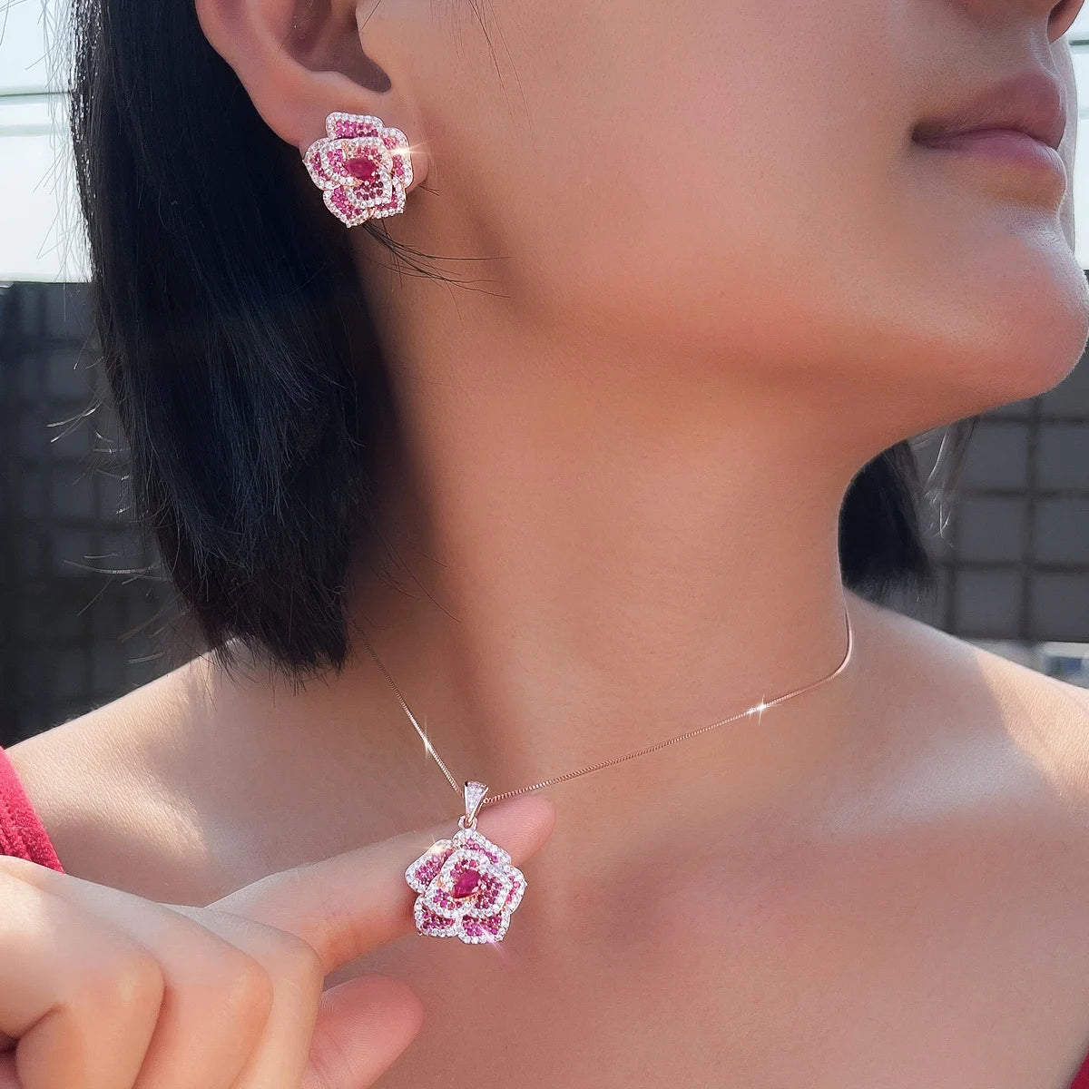 Luxury Rose Gold Plated Pink Sapphire Color Rose Flower Pendant Jewelry Set 5A Cubic Zircon Earrings Necklace for Bridal Wedding