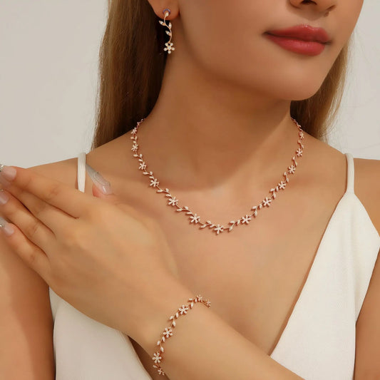 Leaf Rhinestone 4-Piece Bridal Jewellery Set | Necklace, Earrings, Bracelet & Collar Chain | Silver & Gold