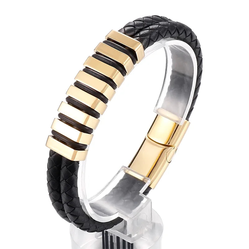 KALEN Unisex 210mm Silver/Gold Color Casual Stainless Steel&Cowhide Link Bracelet