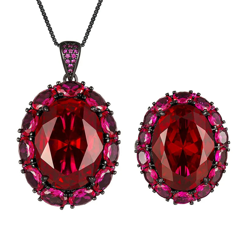 Gemfiori High End Fashion Jewelry Pigeon Blood Red and Sea Blue Zircon Oval Light Luxury Jewelry Set