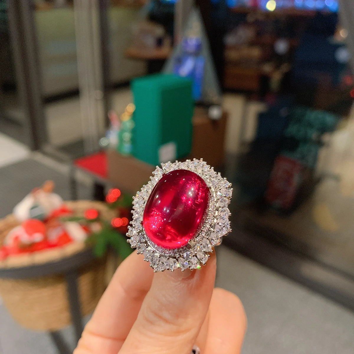 Gemfiori Fashionable and Exquisite Oval Pigeon Blood Red Gemstone Face Full of Zirconium Inlaid Ring Pendant Set Main Stone Jewelry